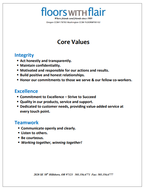 Floors with Flair's core values: integrity, excellence and teamwork